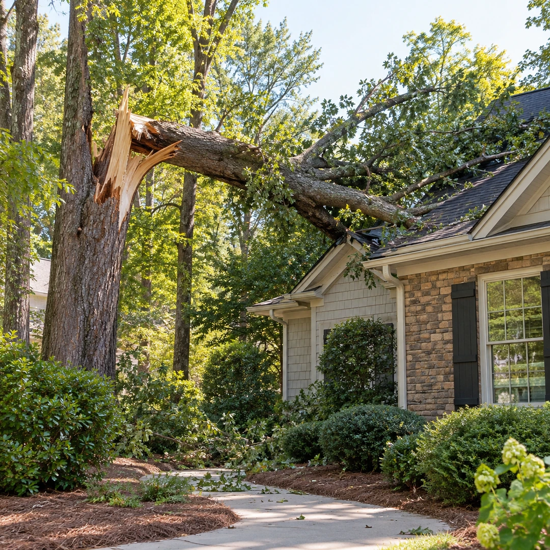 Broken tree limb near a residential roof