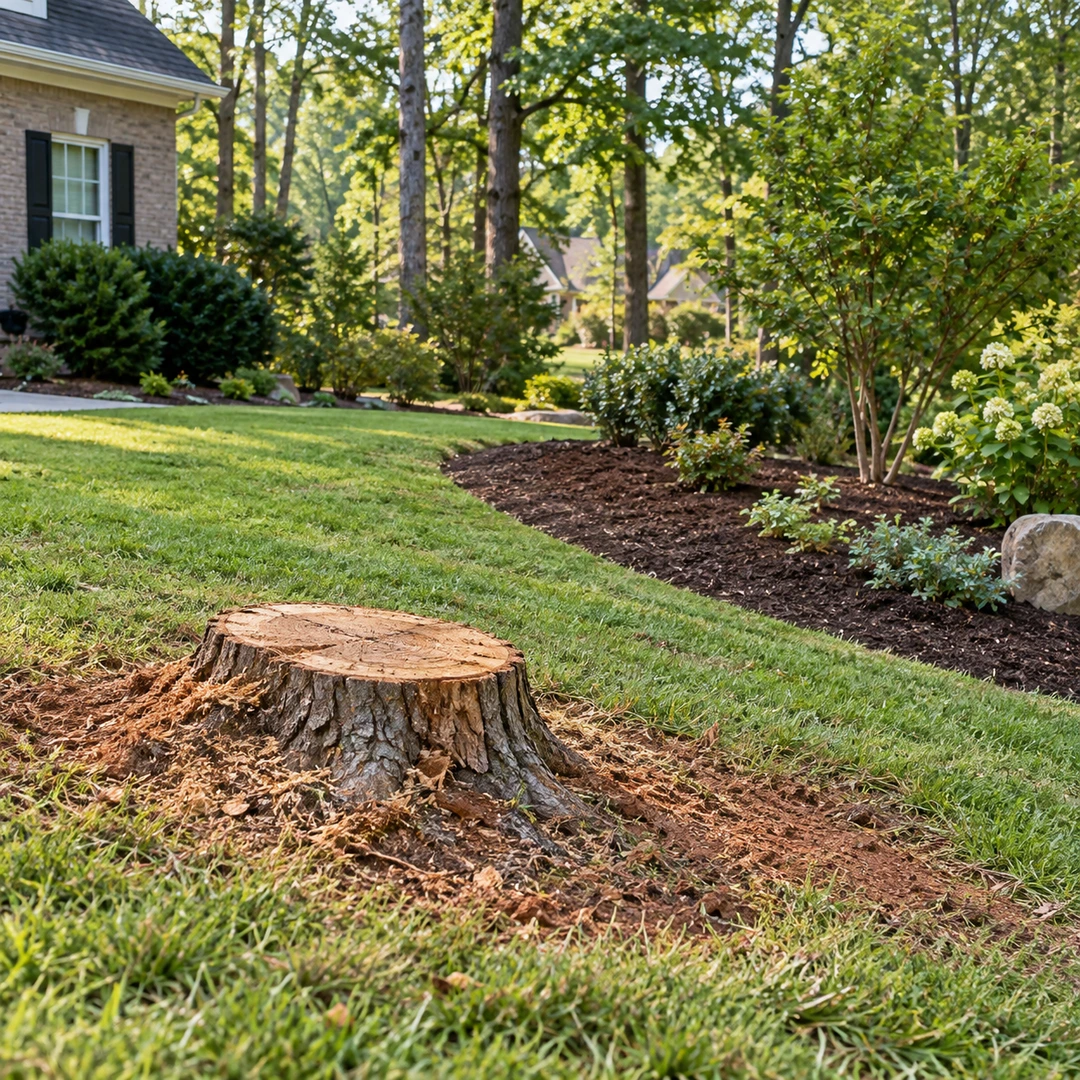 Stump bordered by lawn and a planted bed