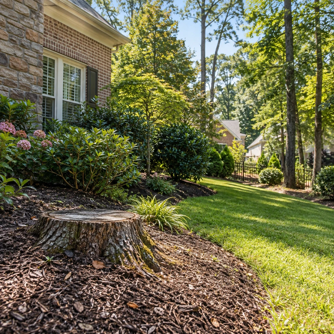 Stump beside a house and landscaped slope
