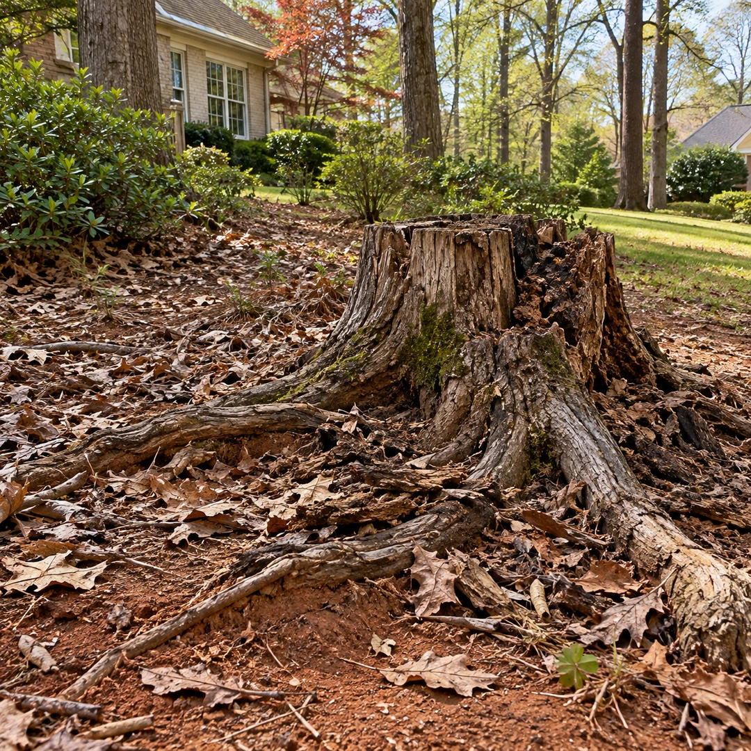Weathered stump surrounded by fallen leaves