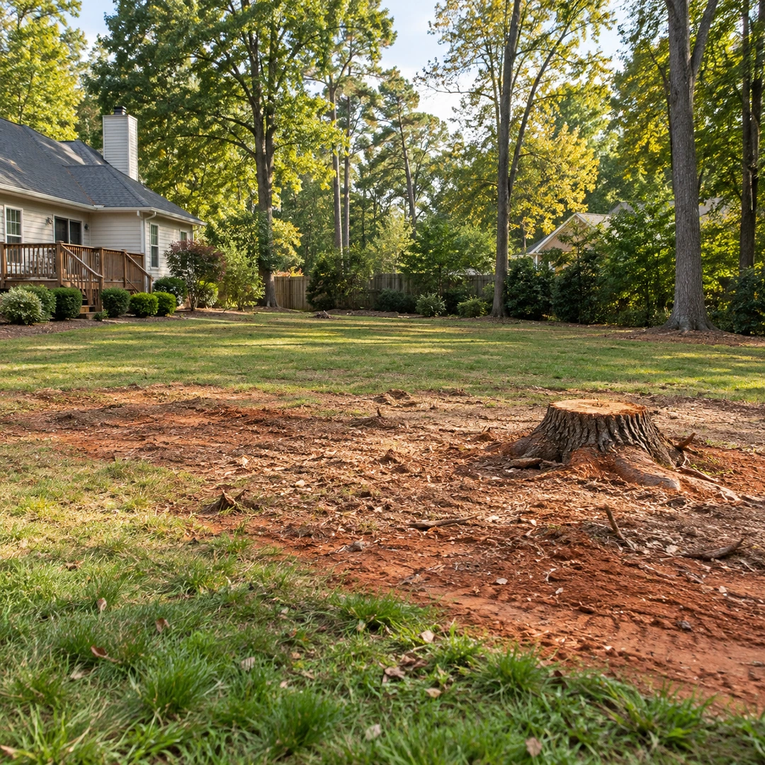 Cleared yard with a remaining low stump