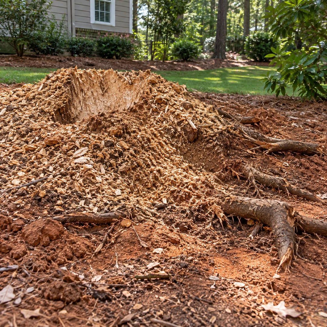 Wood chips and exposed roots after stump grinding