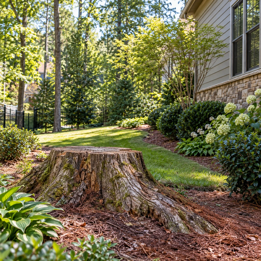 Old stump beside a house and landscaped yard
