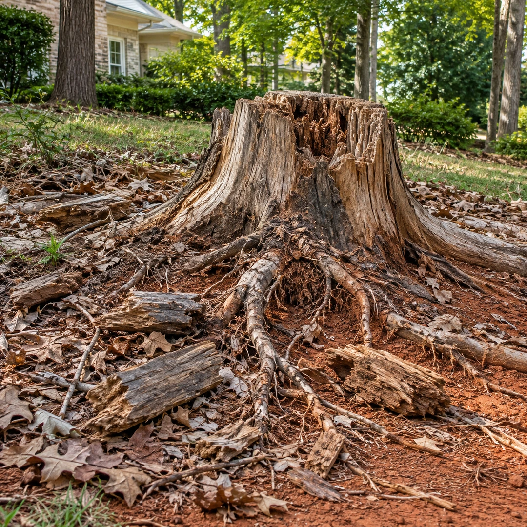Decaying stump with loose bark and exposed roots