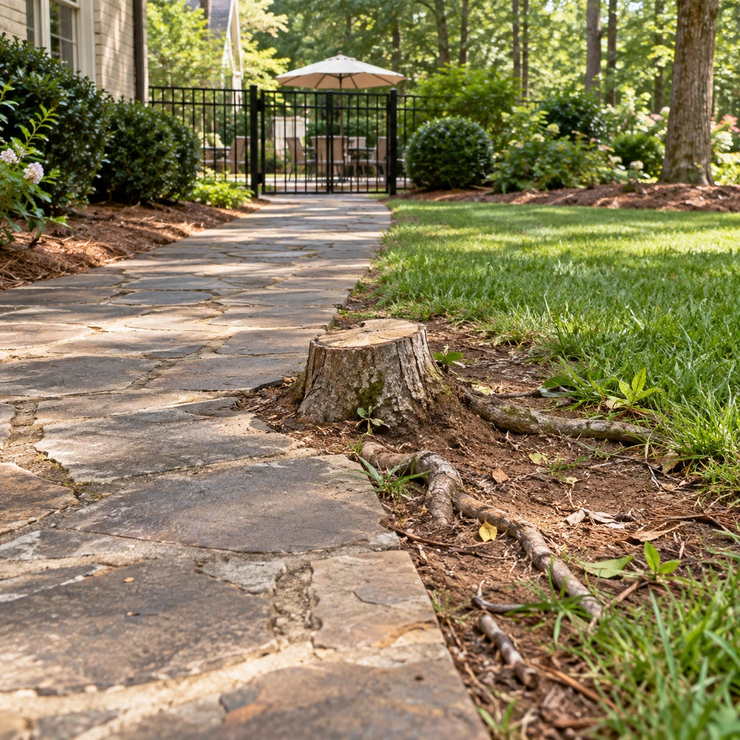 Stump and surface roots beside a stone path