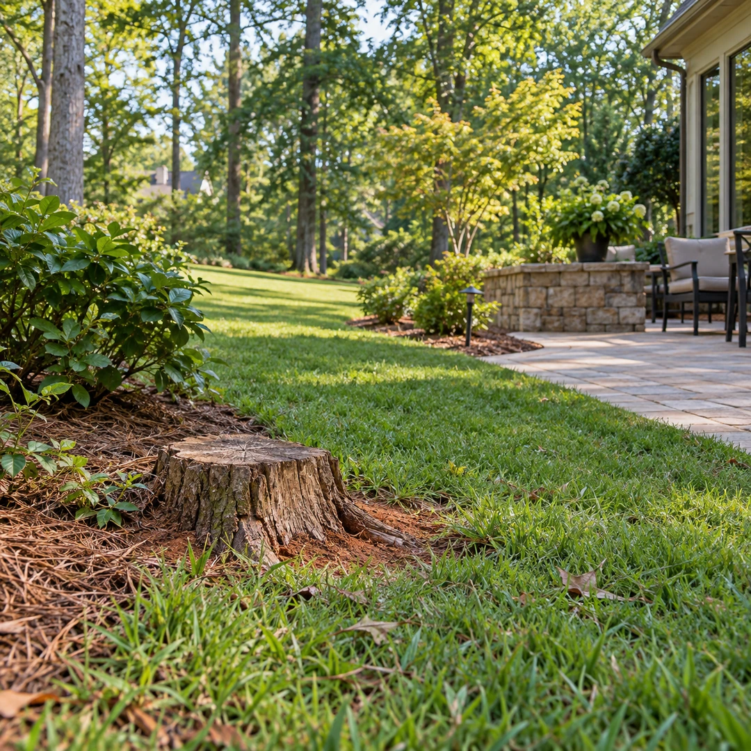 Low stump beside a residential patio
