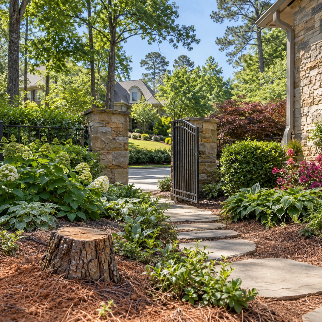 Stump beside a stone walkway and gate