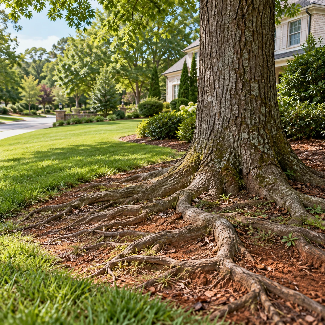 Exposed surface roots beneath a mature tree