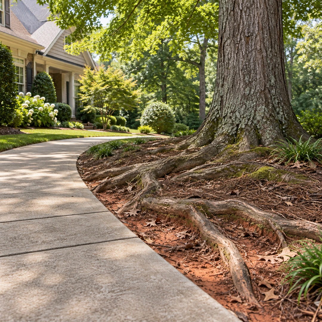 Surface roots extending beside a concrete walkway