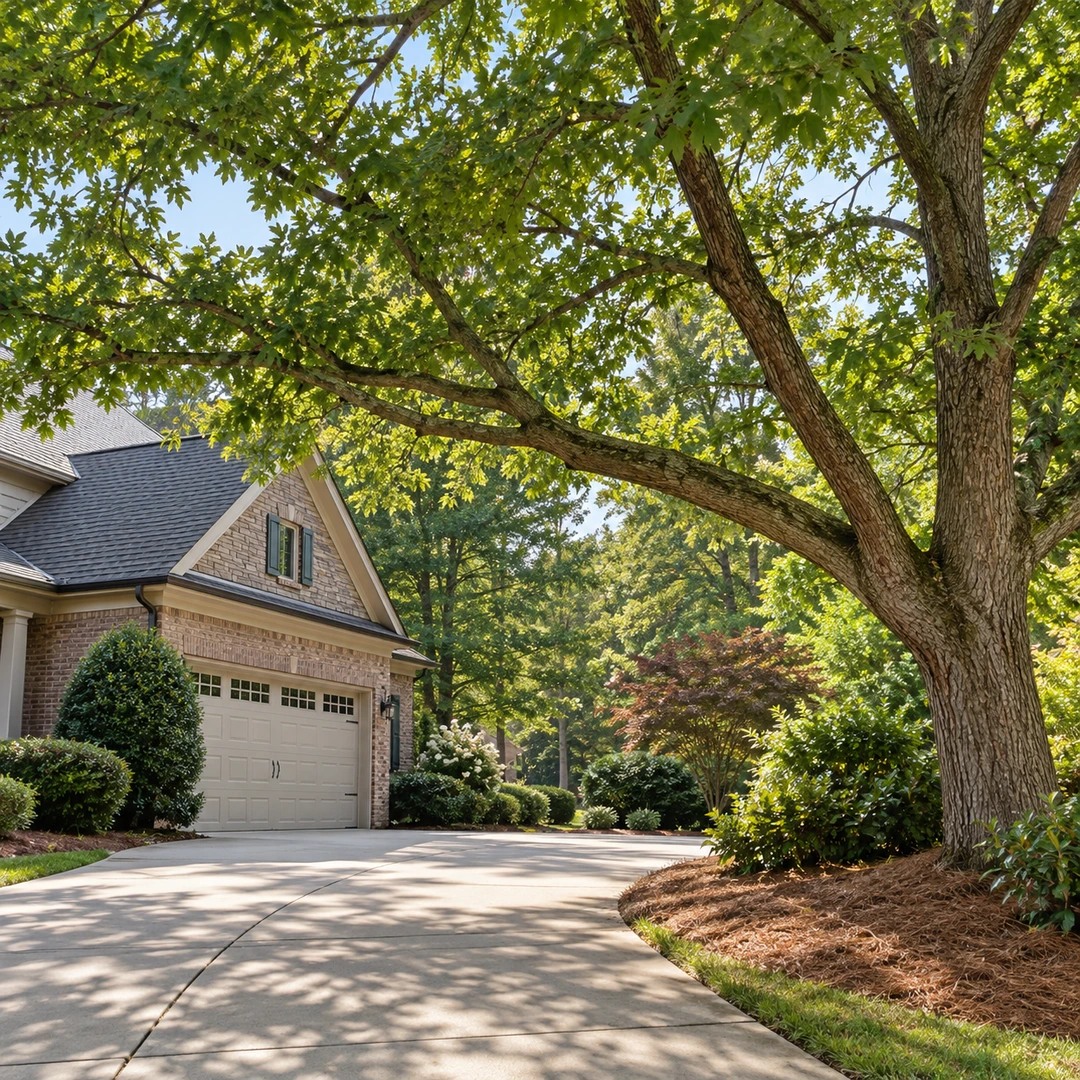 Intact leafy branches above a driveway