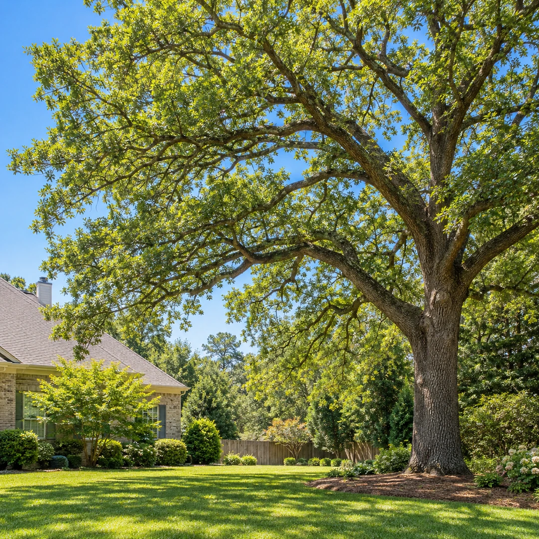 Intact tree canopy above a residential lawn