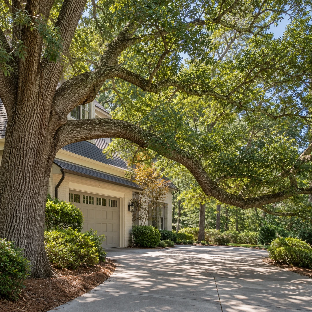 Leafy branches above a driveway beside a house