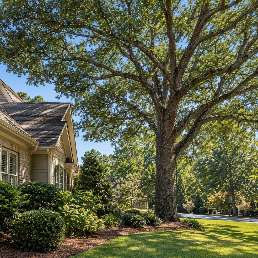 Mature tree beside a roof and planted lawn