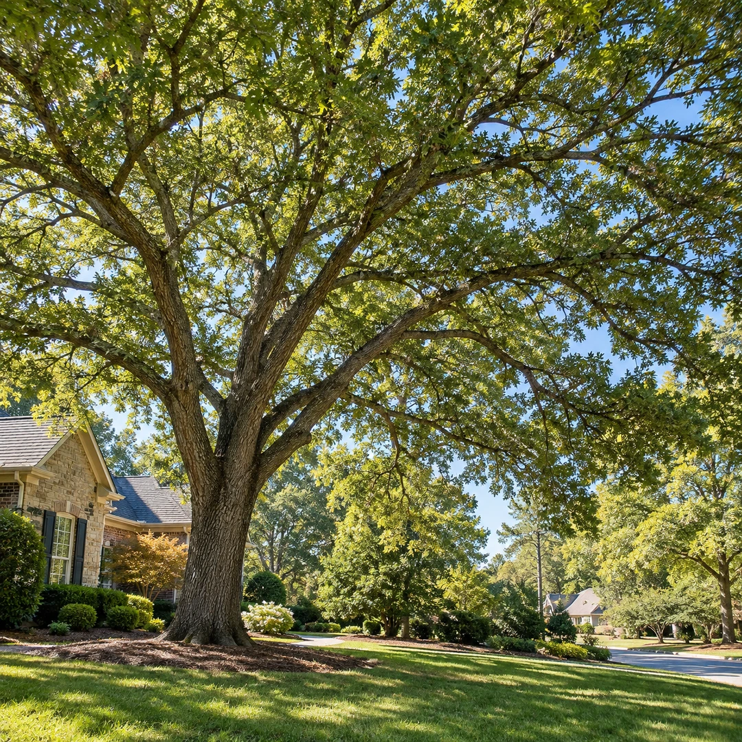 Full tree canopy beside a lawn and residential street