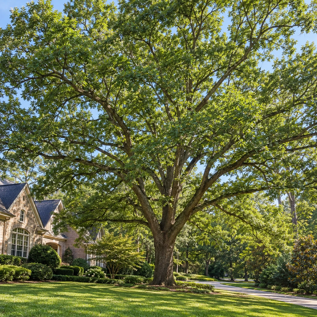 Leafy tree crown above a clear residential driveway
