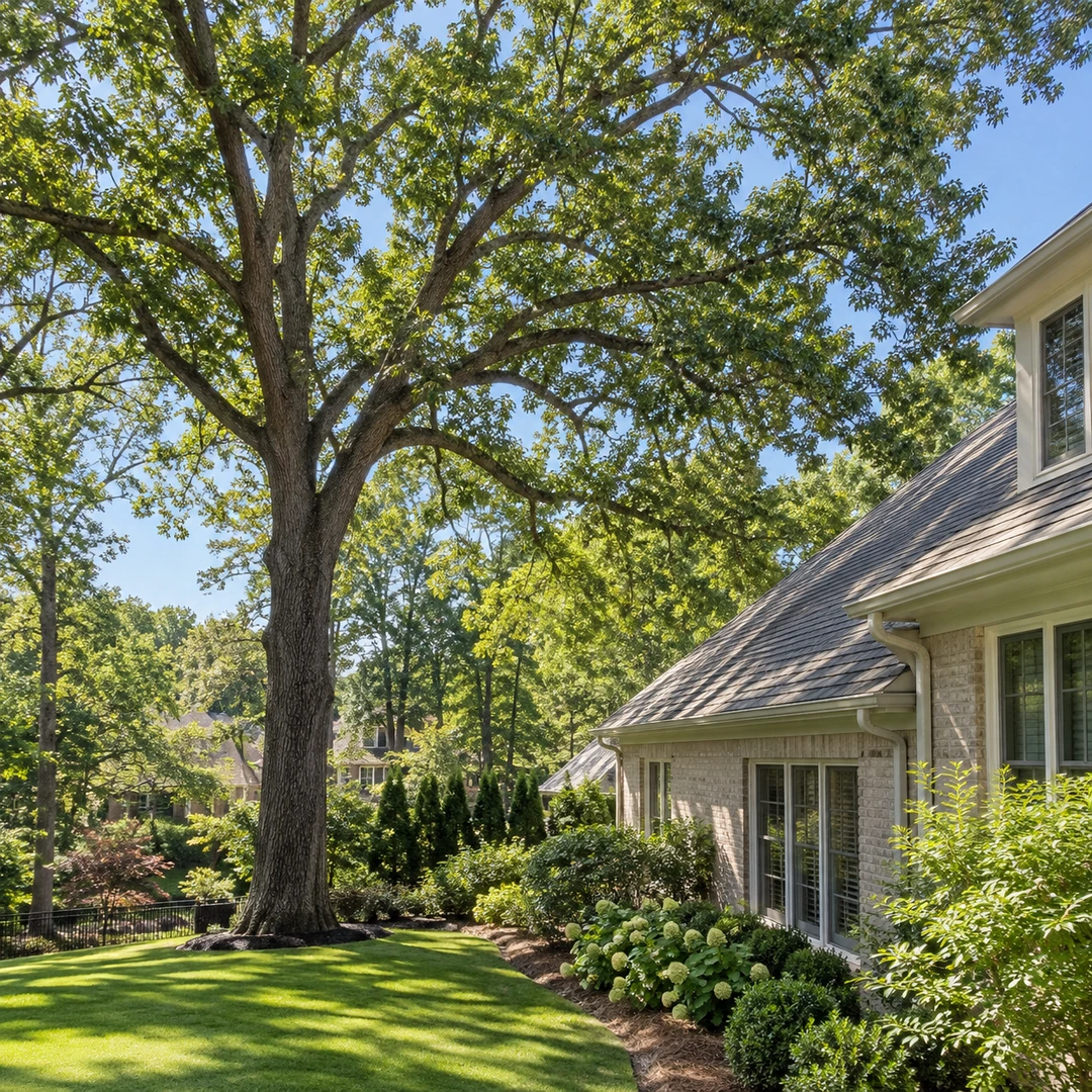Large tree canopy beside a residential roofline