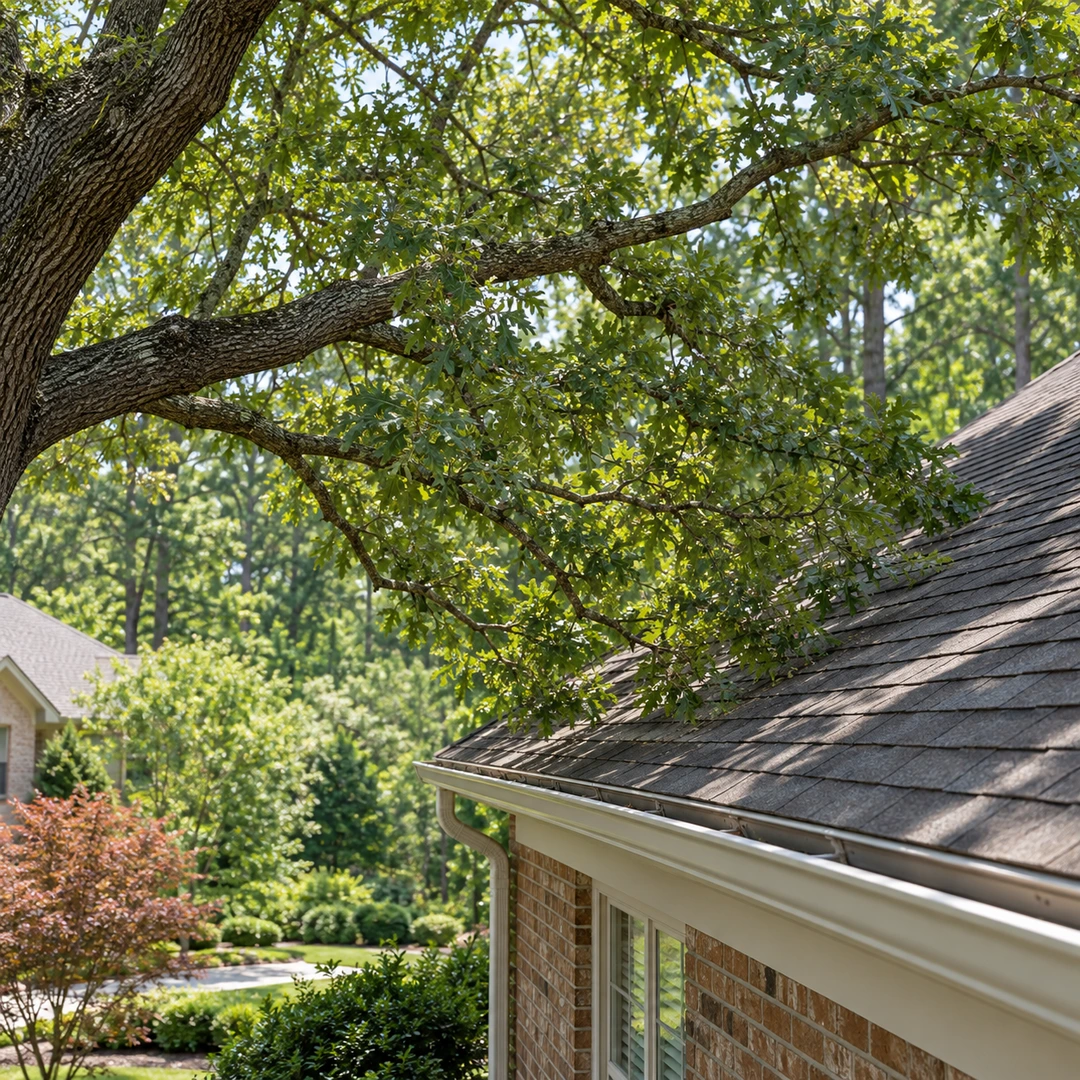 Intact branch with visible clearance above a roof