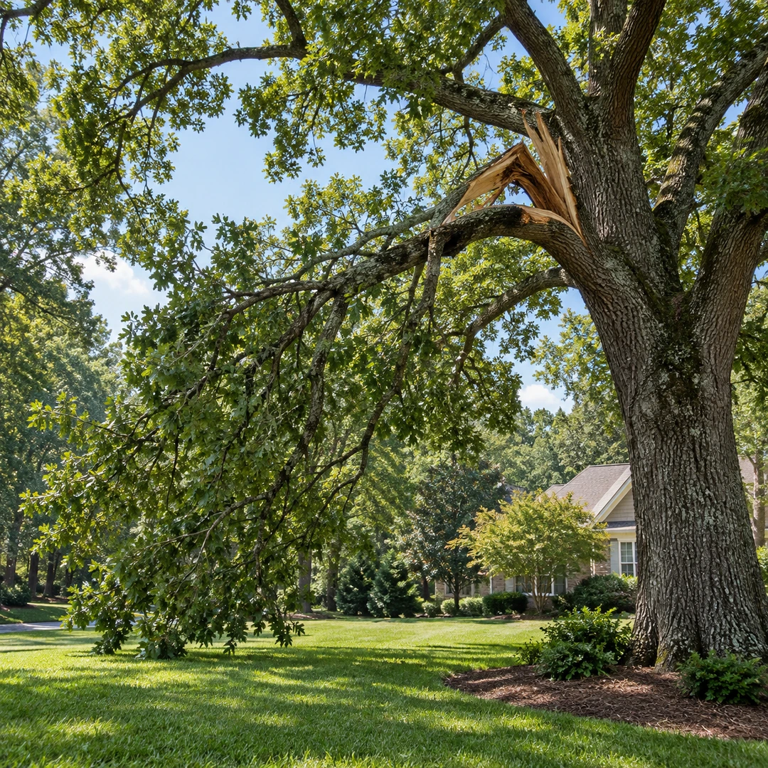 Split hanging branch in a mature tree
