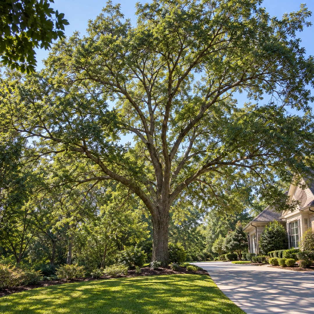 Full canopy above a house and lawn