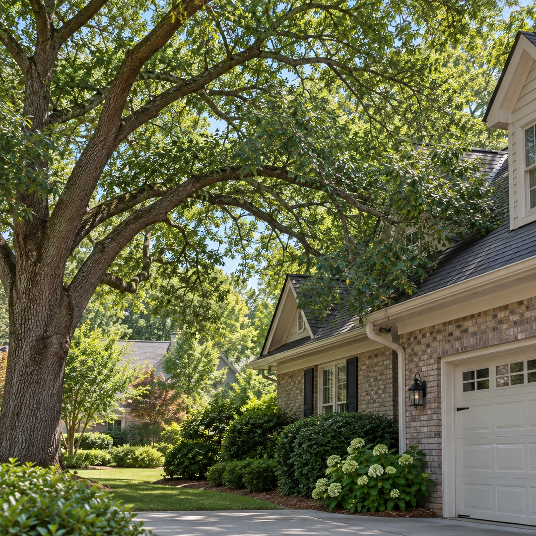 Mature tree beside a garage and driveway