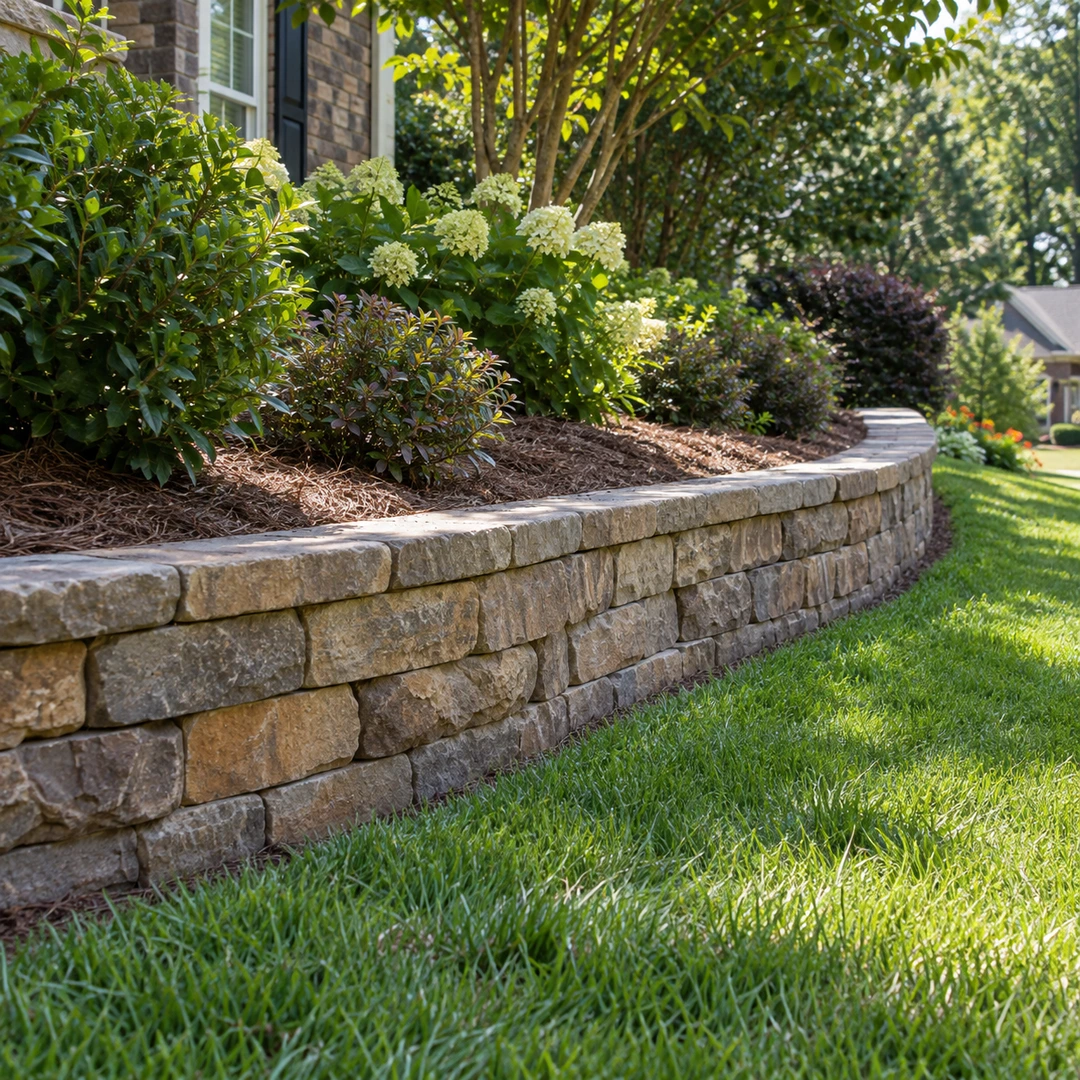 Finished landscape retaining wall beside lawn and shrubs