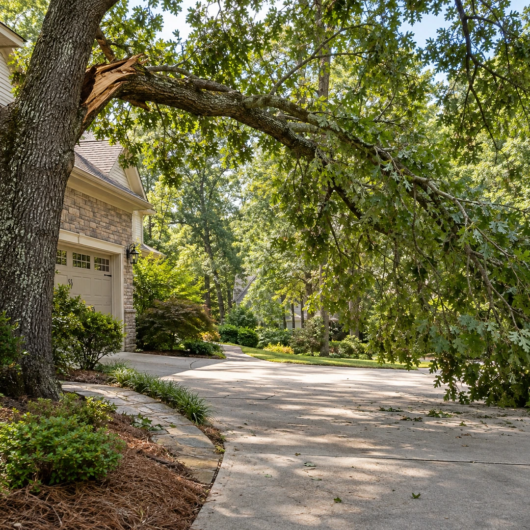 Damaged branch above an empty driveway