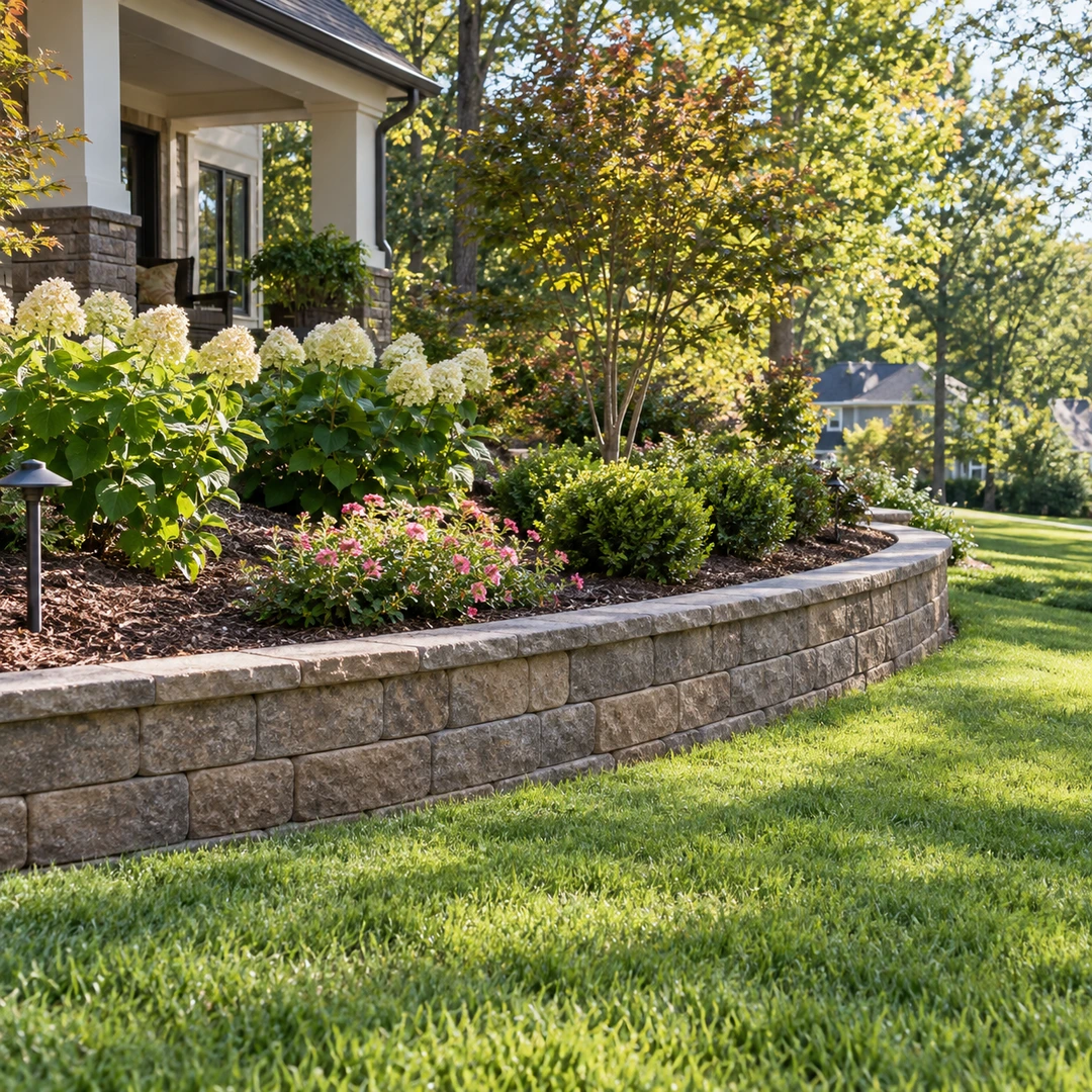 Low curved wall supporting a planted garden bed