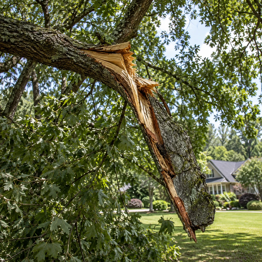 Split hanging branch within a mature tree canopy