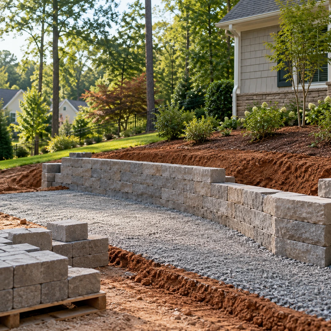 Block retaining wall construction beside a gravel work area