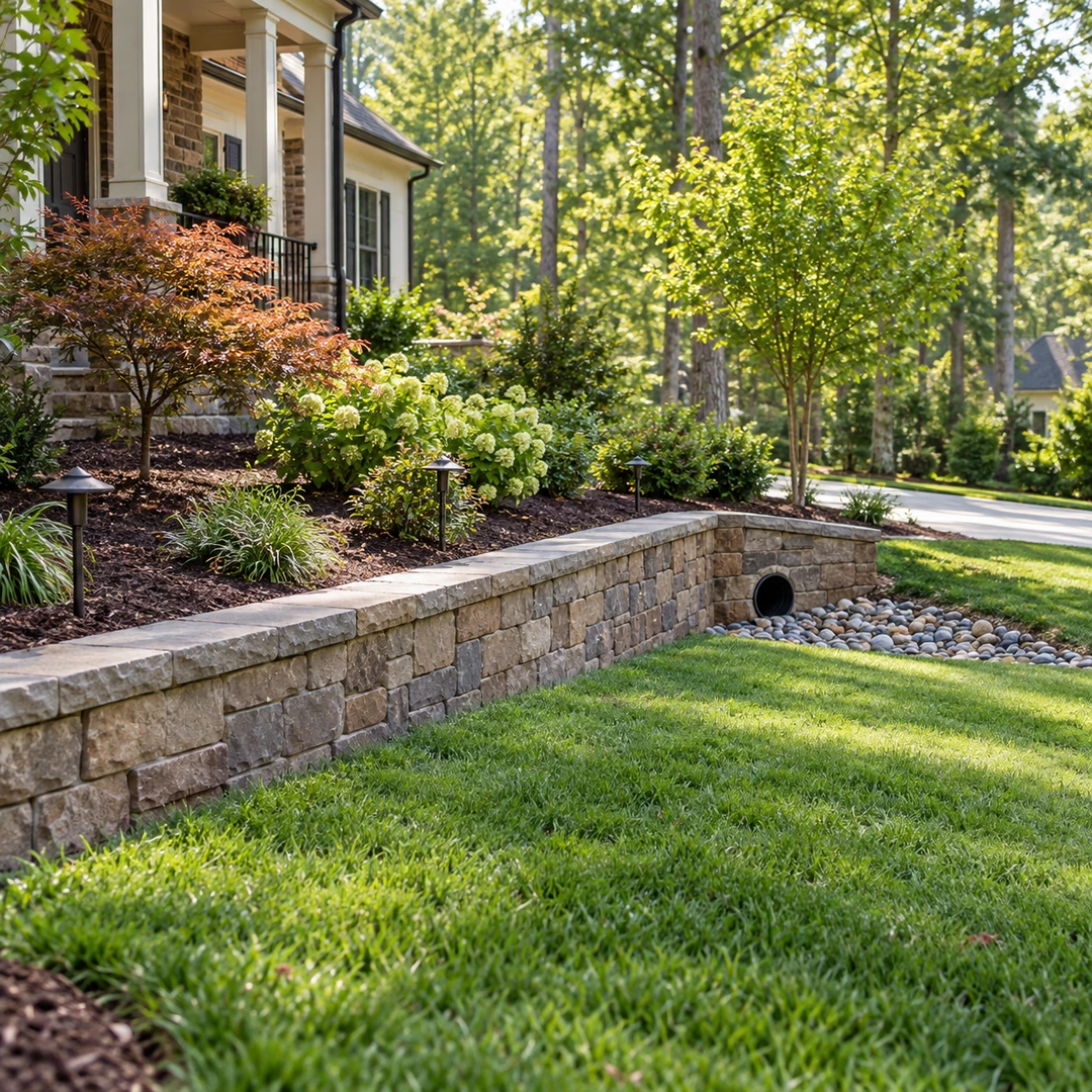 Low wall with a stone protected drainage outlet