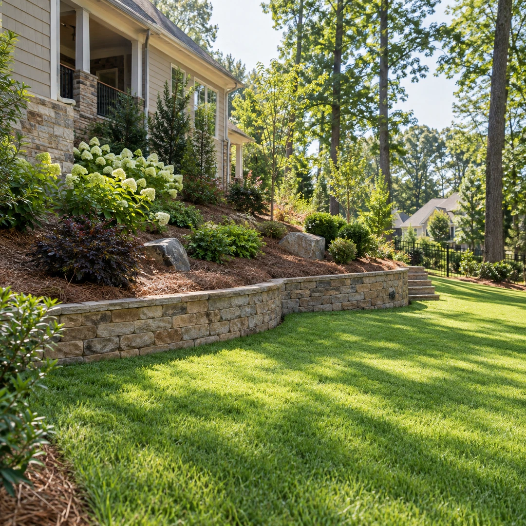 Low wall supporting planted soil above a lawn
