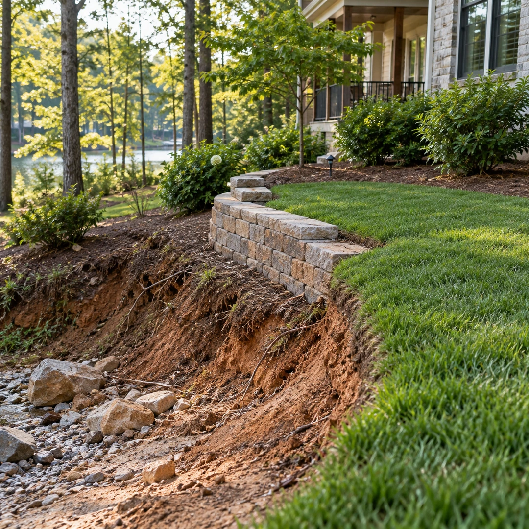 Exposed soil erosion beside a landscape wall