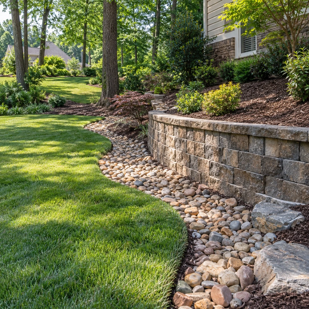 Finished retaining wall with a clear stone drainage strip