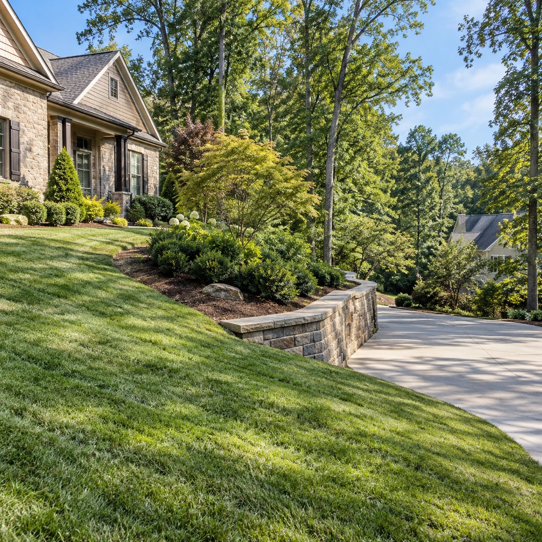 Retaining wall supporting a sloped yard beside a driveway