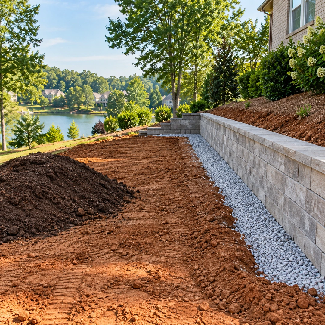 Partially built wall beside prepared soil and gravel