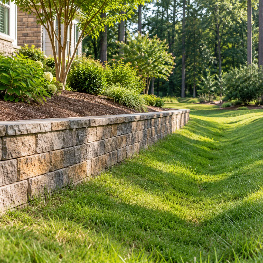 Grass swale alongside a low landscape wall