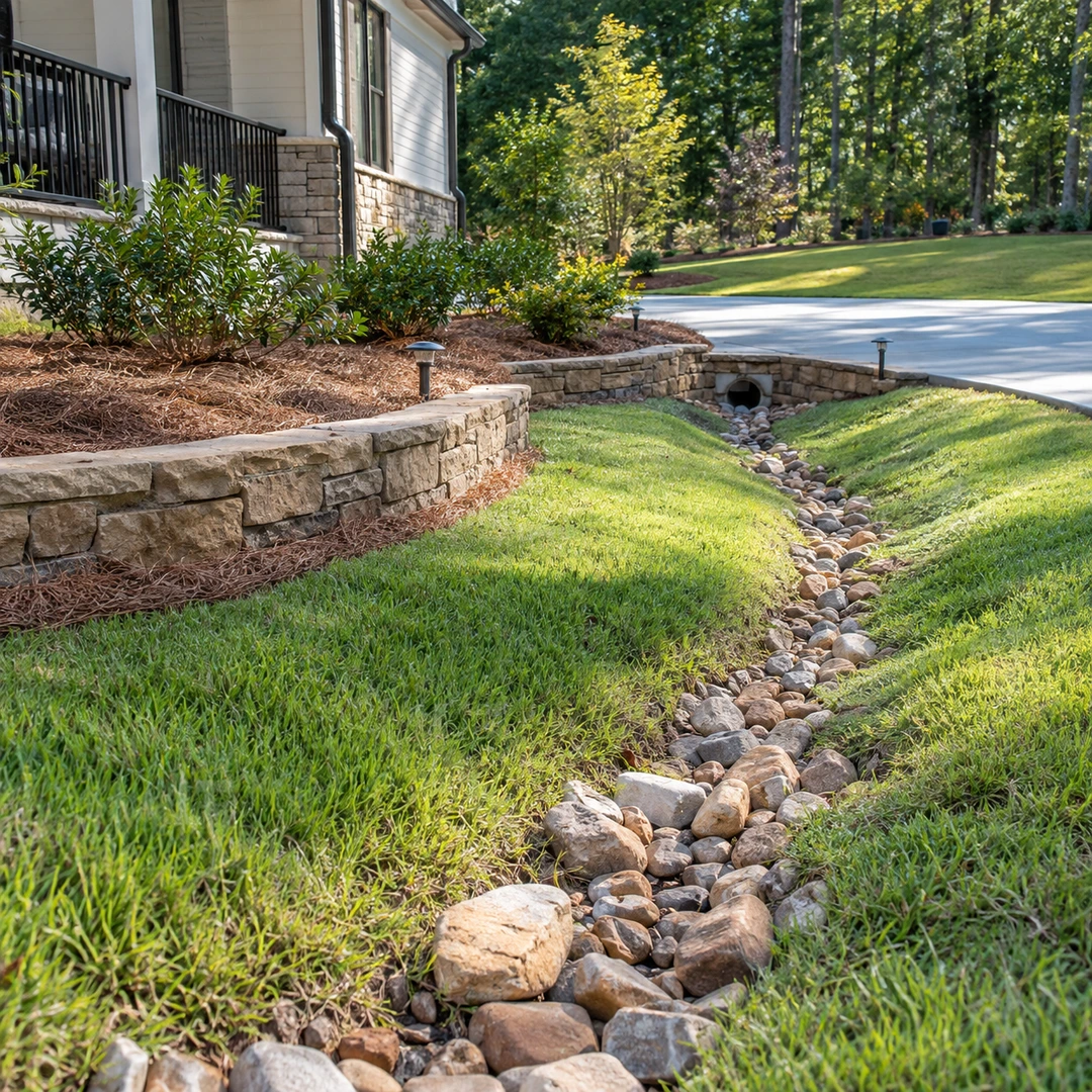 Stone lined surface drainage channel between low walls
