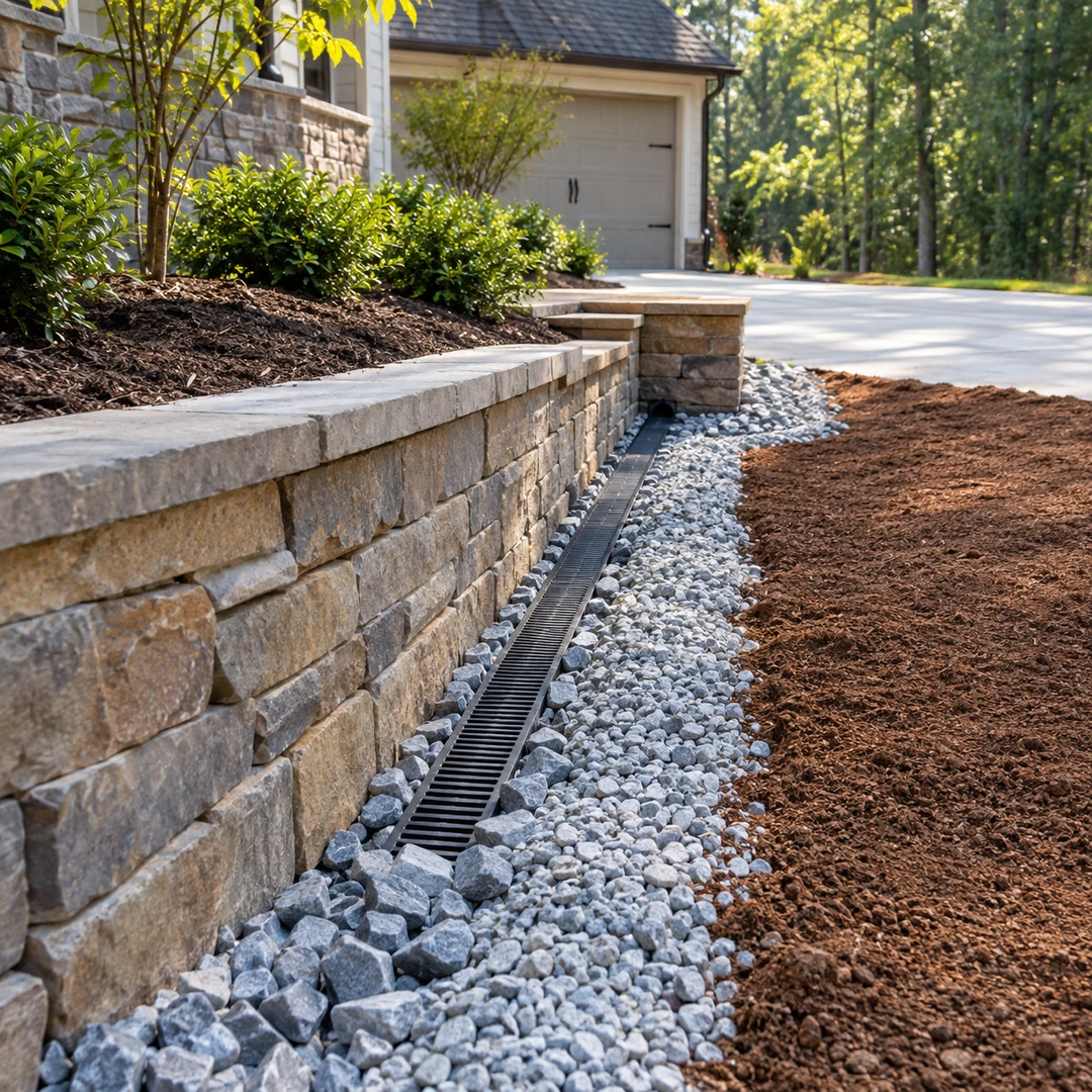 Surface channel drain beside a landscape wall