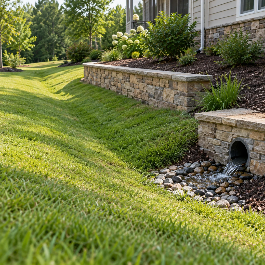 Grass swale beside a stone protected wall outlet