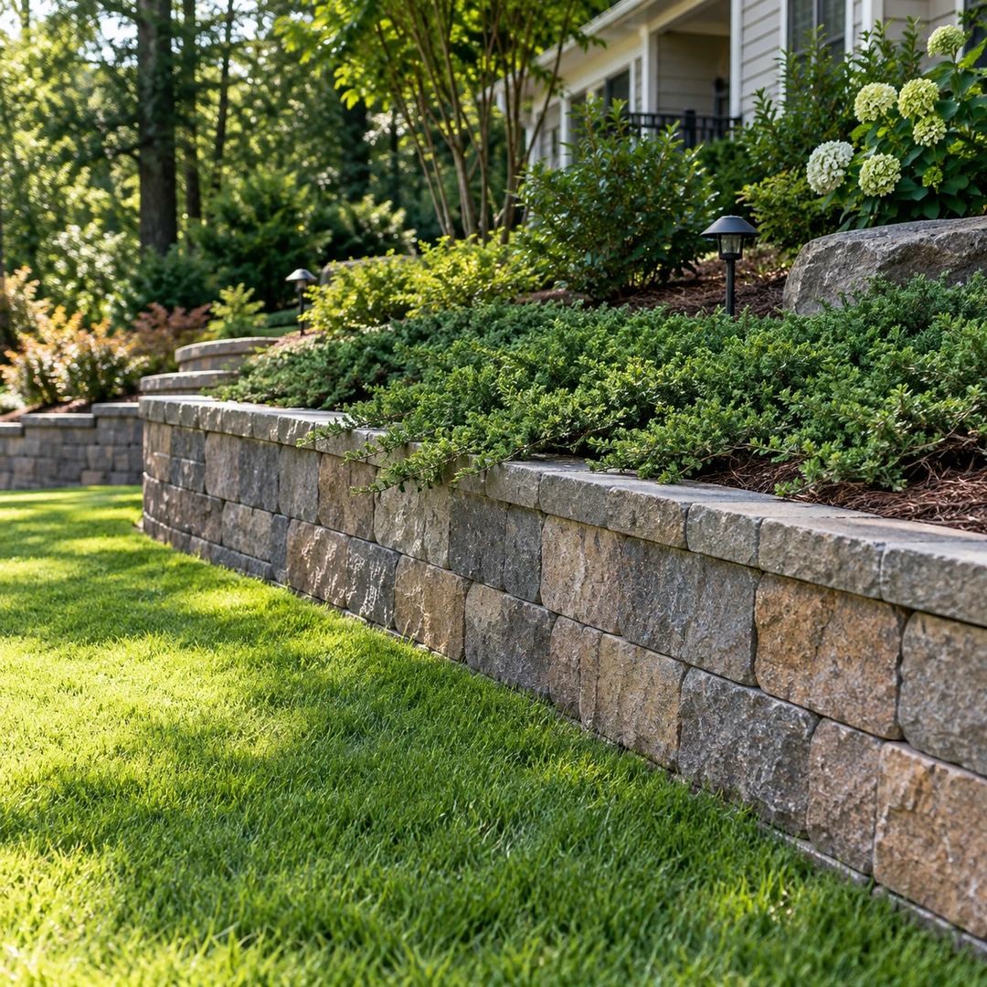 Groundcover protecting soil above a finished wall