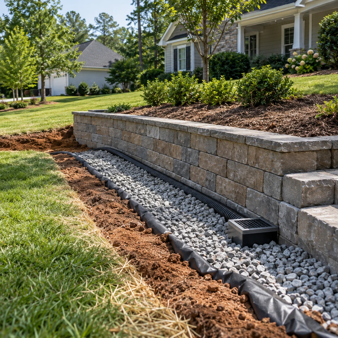 Retaining wall work area with gravel and drain grate