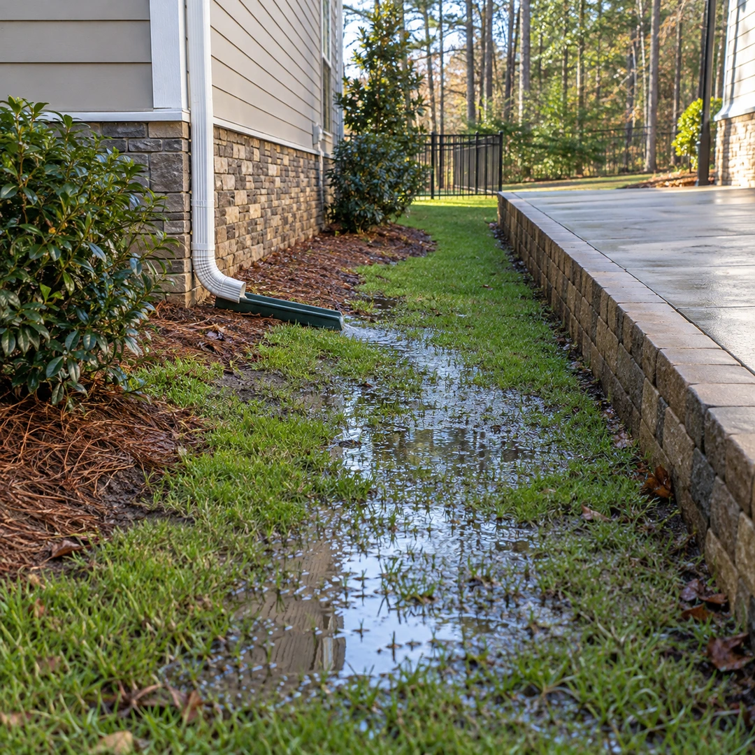 Standing water between a house and paved patio