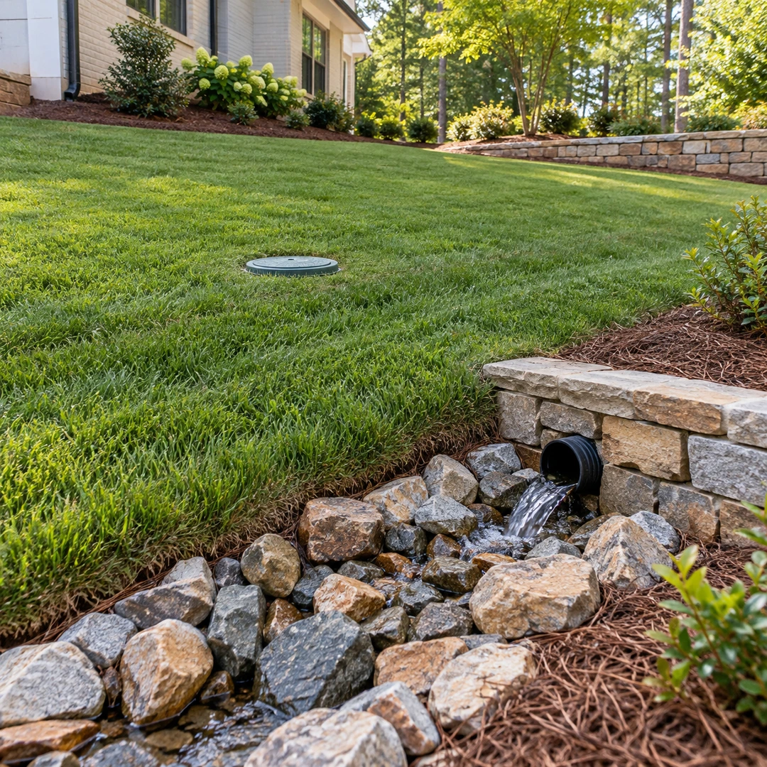 Accessible lawn cleanout and stone protected outlet