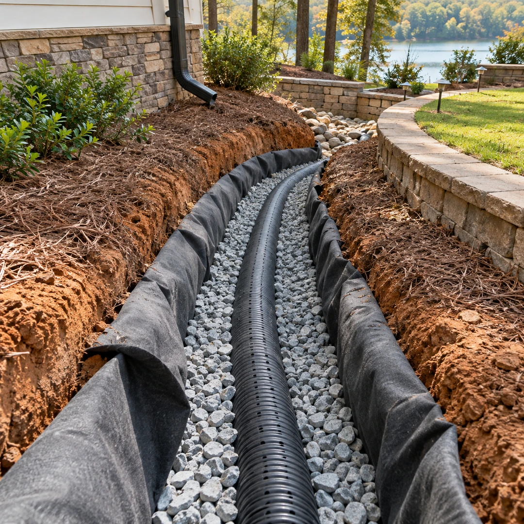 French drain pipe following a curved trench