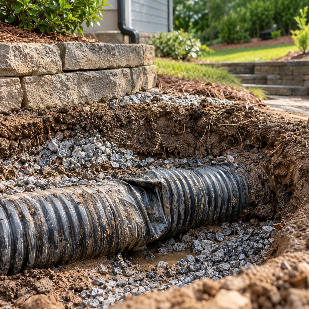 Crushed corrugated drain pipe exposed in a repair excavation