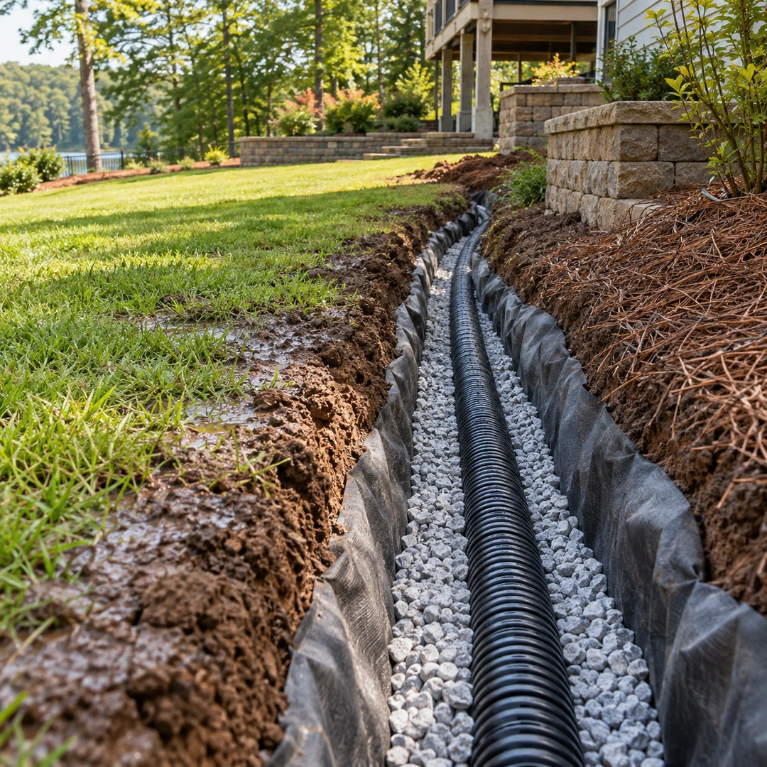 Fabric lined French drain trench with gravel and pipe
