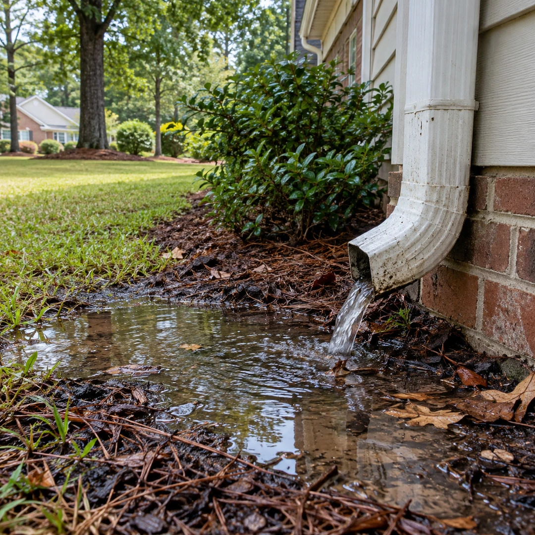 Downspout water pooling beside a house foundation