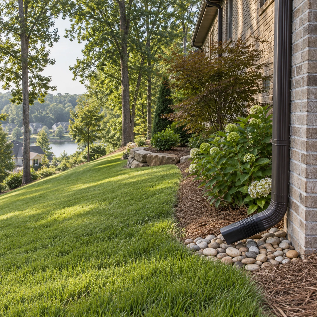 Sloped side lawn with a downspout and stone planting edge