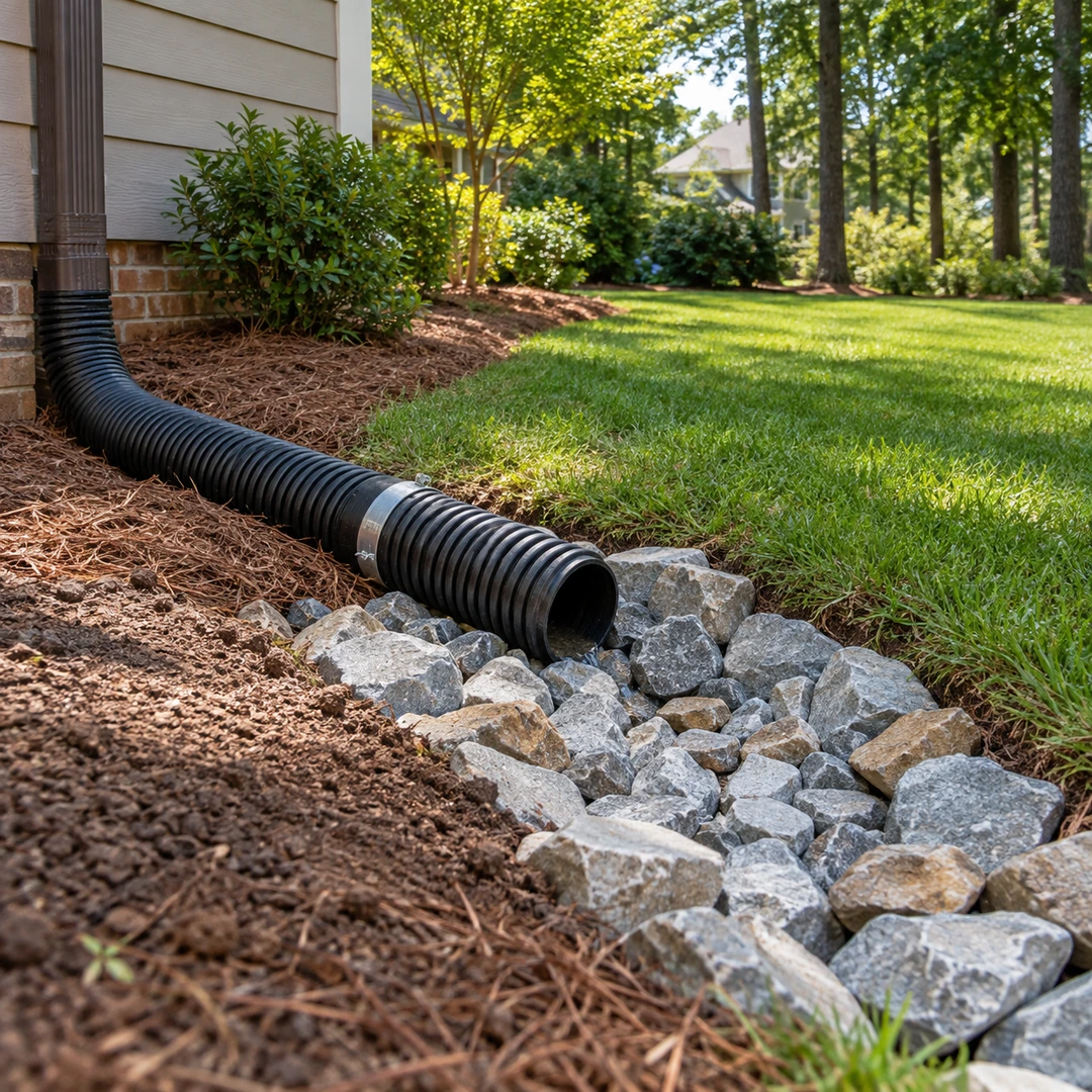 Repaired pipe coupling beside a stone protected outlet