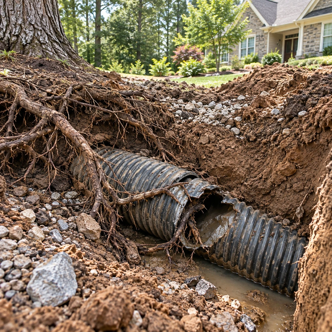 Damaged drain pipe and roots exposed in a repair excavation